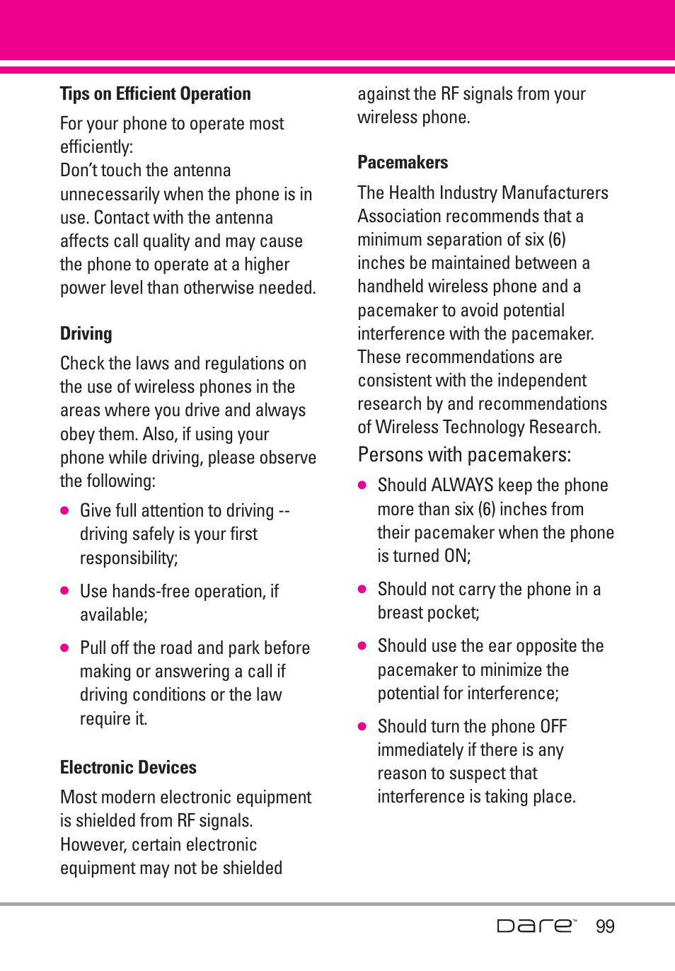 Tips on efficient operation, Driving, Electronic devices | Pacemakers, Persons with pacemakers | LG Dare User Manual | Page 101 / 273