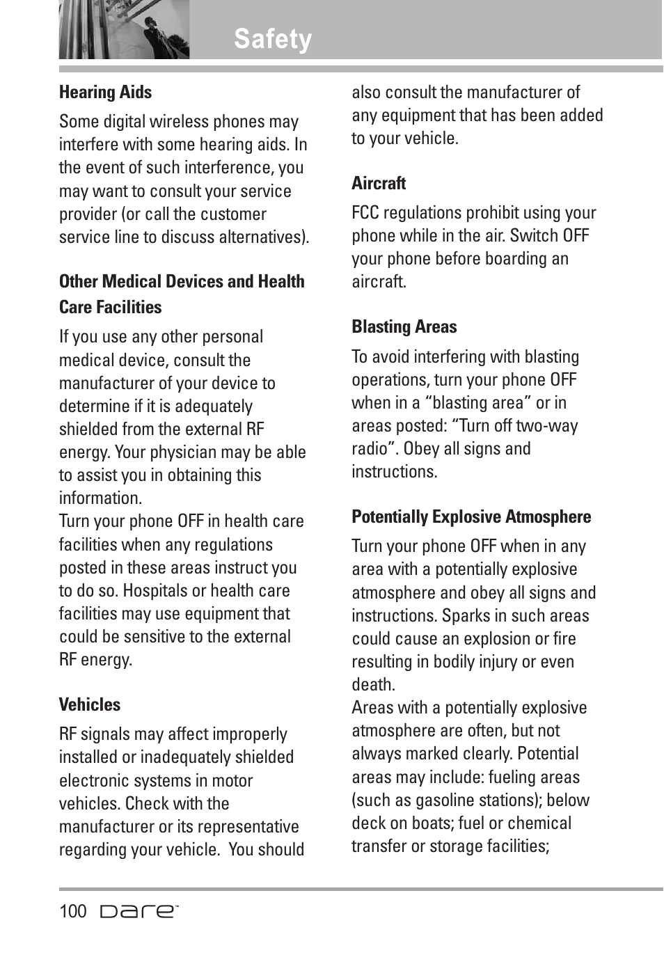 Hearing aids, Other medical devices and he, Vehicles | Aircraft, Blasting areas, Potentially explosive atmosp, Other medical devices and health care facilities, Potentially explosive atmosphere100, Safety | LG Dare User Manual | Page 102 / 273