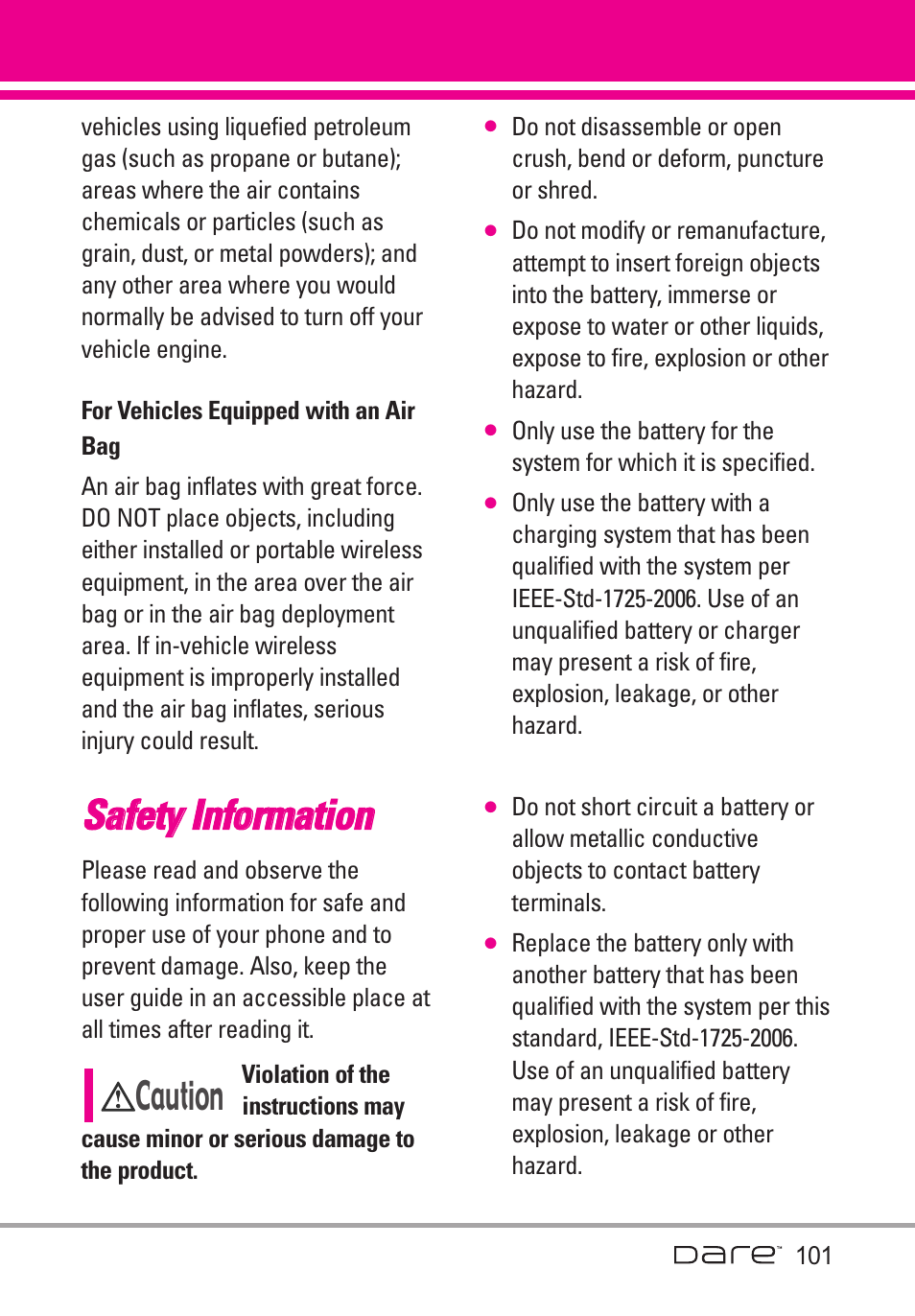 For vehicles equipped with a, Safety information, For vehicles equipped with an air bag | Ssa affe ettyy iin nffo orrm ma attiio on n, Caution | LG Dare User Manual | Page 103 / 273