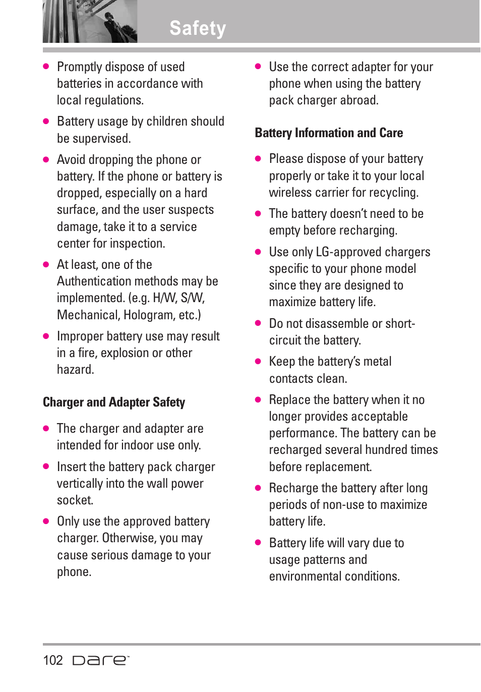 Charger and adapter safety, Battery information and care, Safety | Battery usage by children should be supervised, Do not disassemble or short- circuit the battery, Keep the battery’s metal contacts clean | LG Dare User Manual | Page 104 / 273