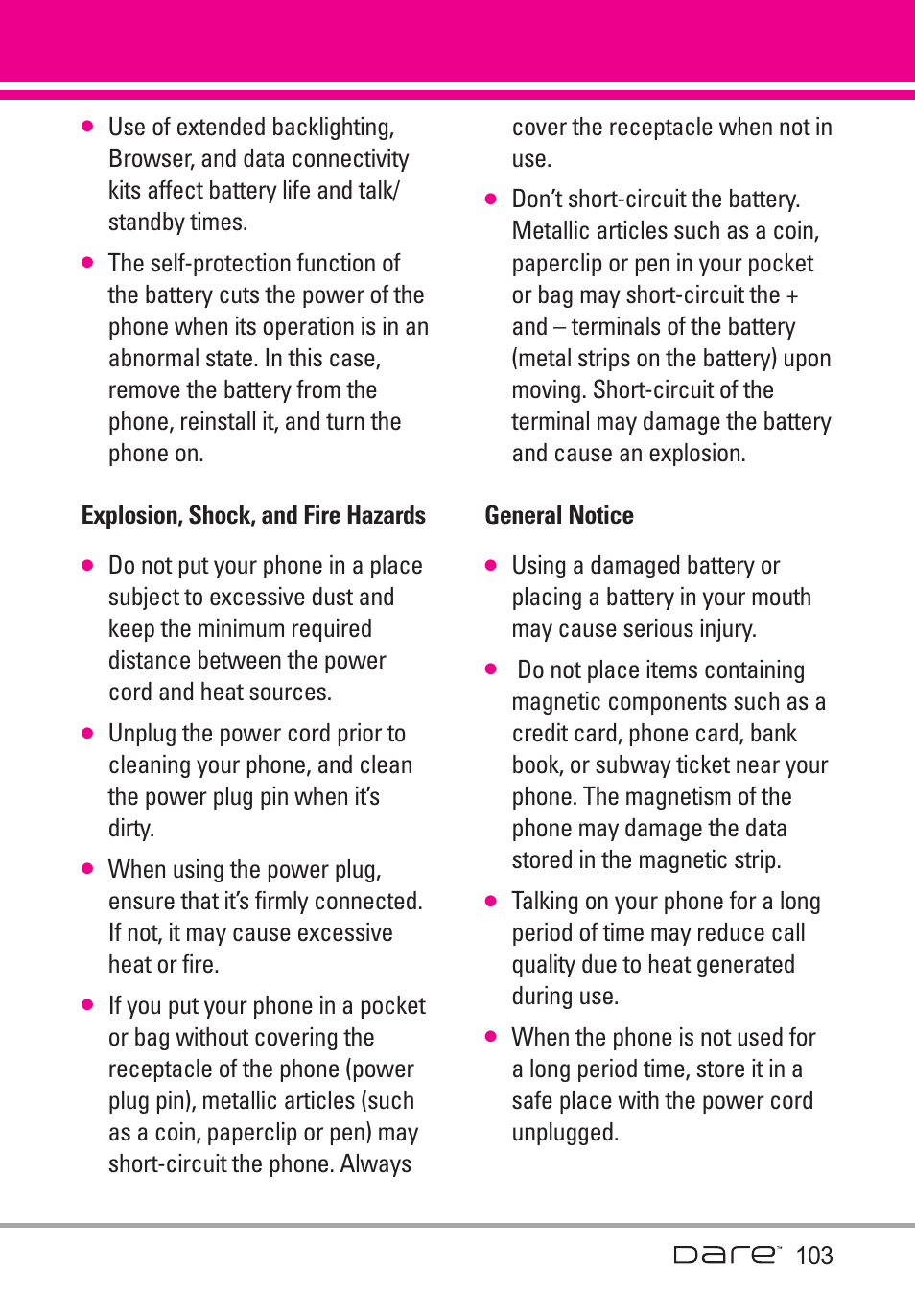 Explosion, shock, and fire h, General notice, Explosion, shock, and fire hazards | LG Dare User Manual | Page 105 / 273