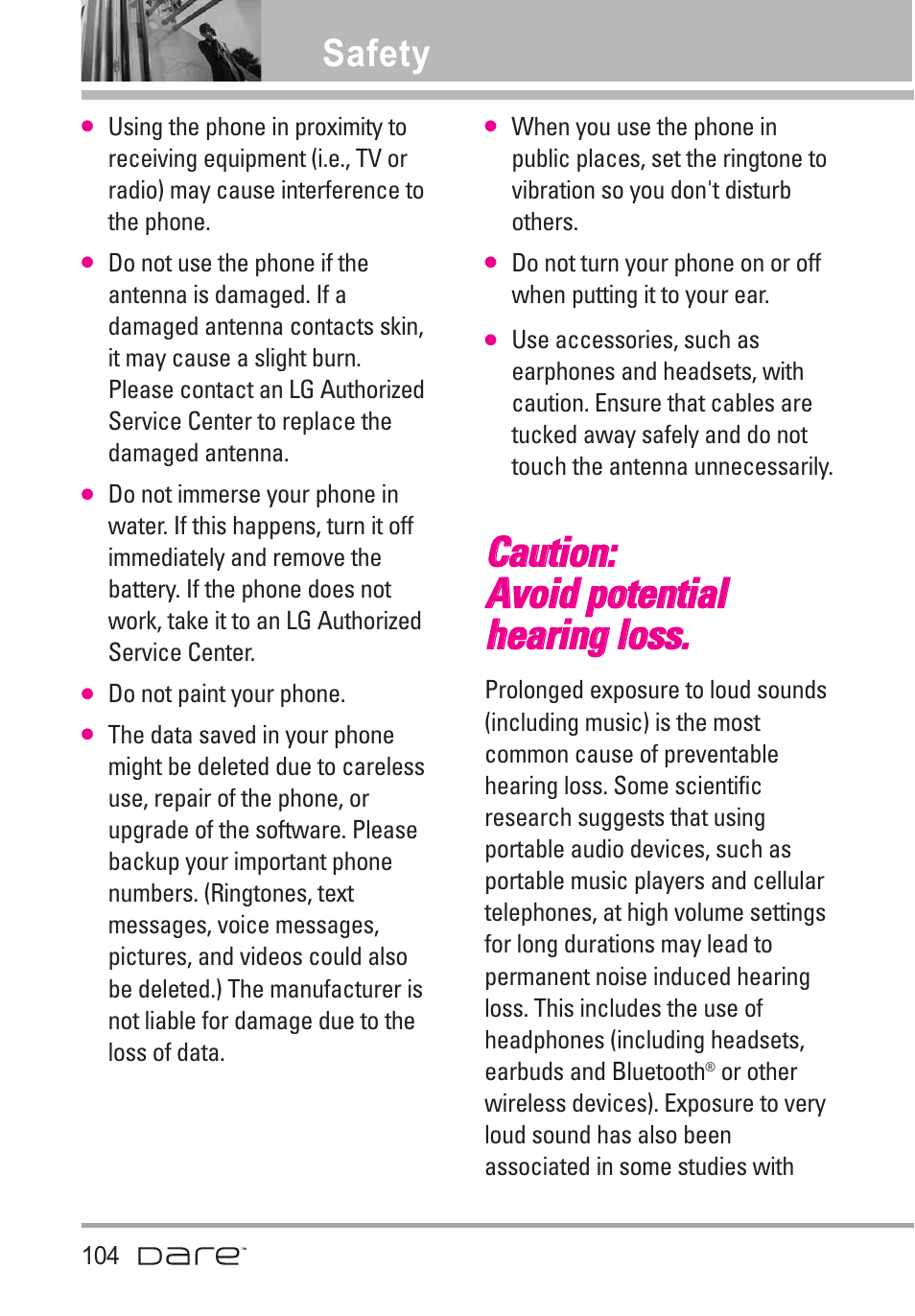 Caution: avoid potential hea, Caution: avoid potential hearing loss, Safety | LG Dare User Manual | Page 106 / 273