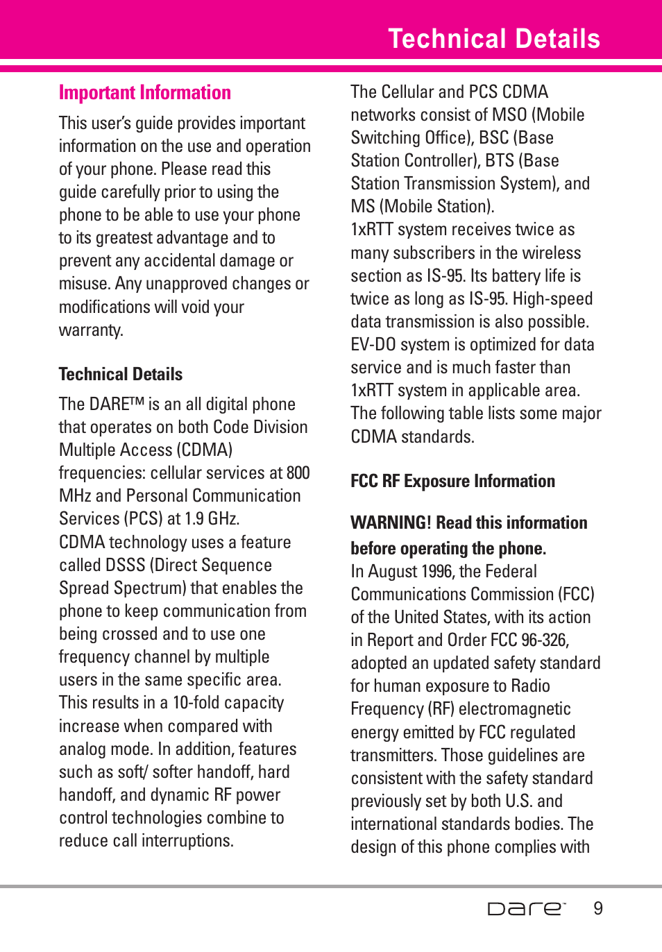 Technical details, Important information | LG Dare User Manual | Page 11 / 273
