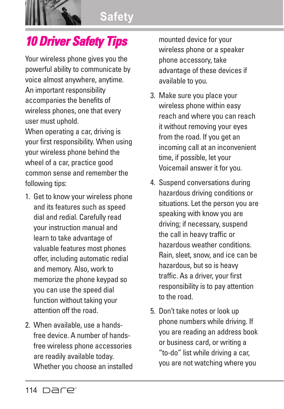 10 driver safety tips, 1100 d drriivve err s sa affe ettyy t tiip pss, Safety | LG Dare User Manual | Page 116 / 273