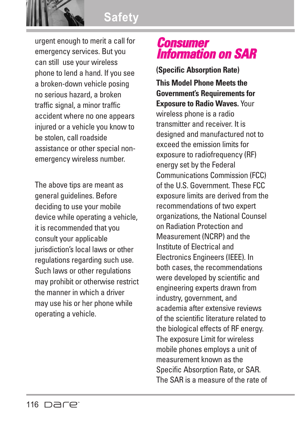 Consumer information on sar, Consumer information on sar .116 | LG Dare User Manual | Page 118 / 273