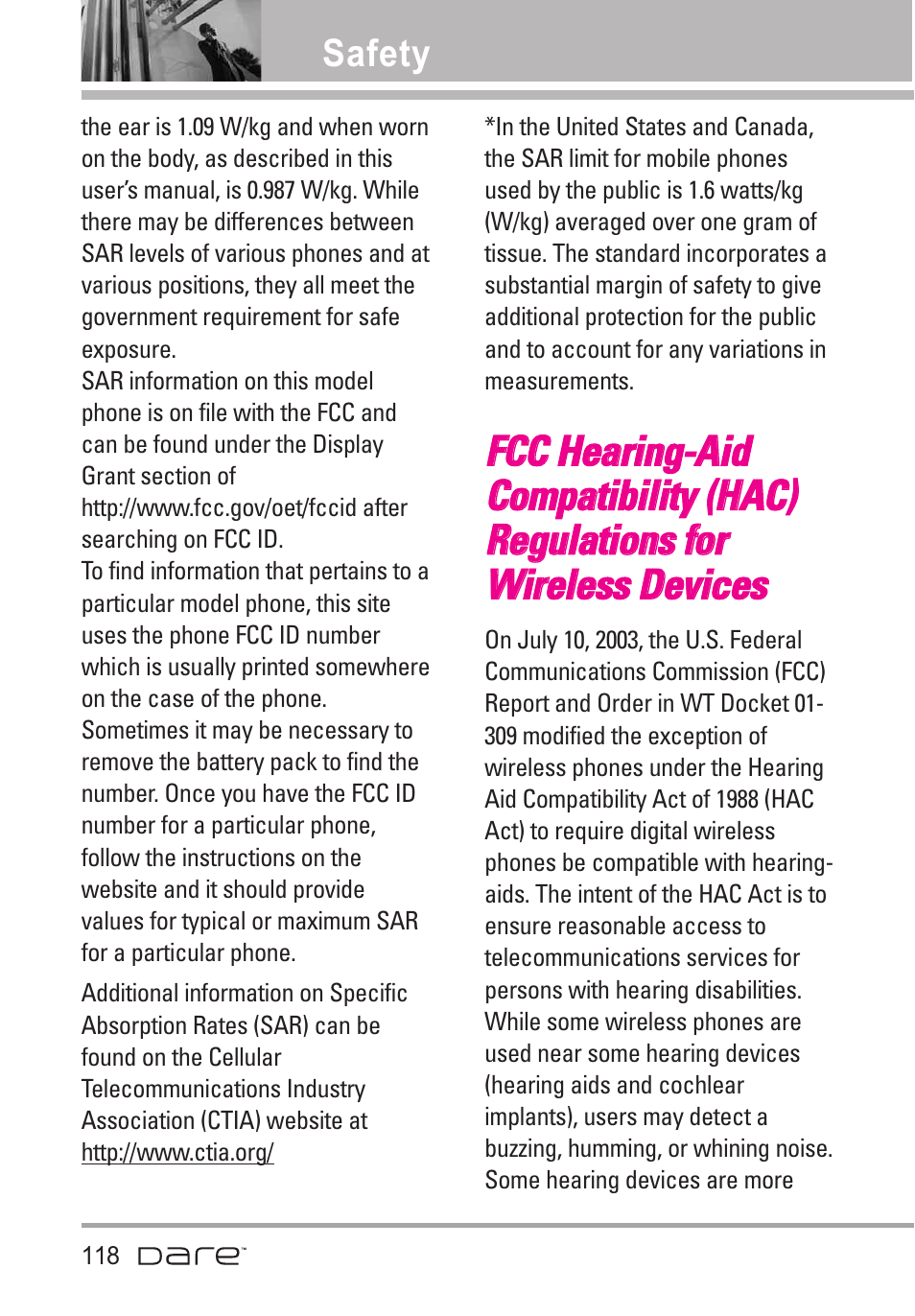 Fcc hearing-aid compatibilit | LG Dare User Manual | Page 120 / 273