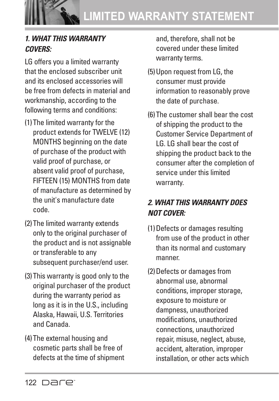 Limited warranty statement | LG Dare User Manual | Page 124 / 273