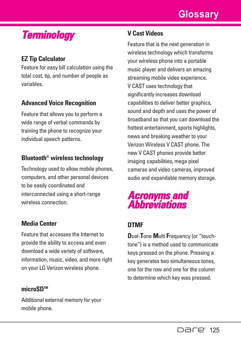 Glossary, Terminology, Acronyms and abbreviations | Tte errm miin no ollo og gyy | LG Dare User Manual | Page 127 / 273