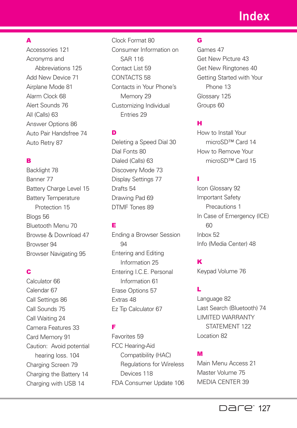 Index | LG Dare User Manual | Page 129 / 273