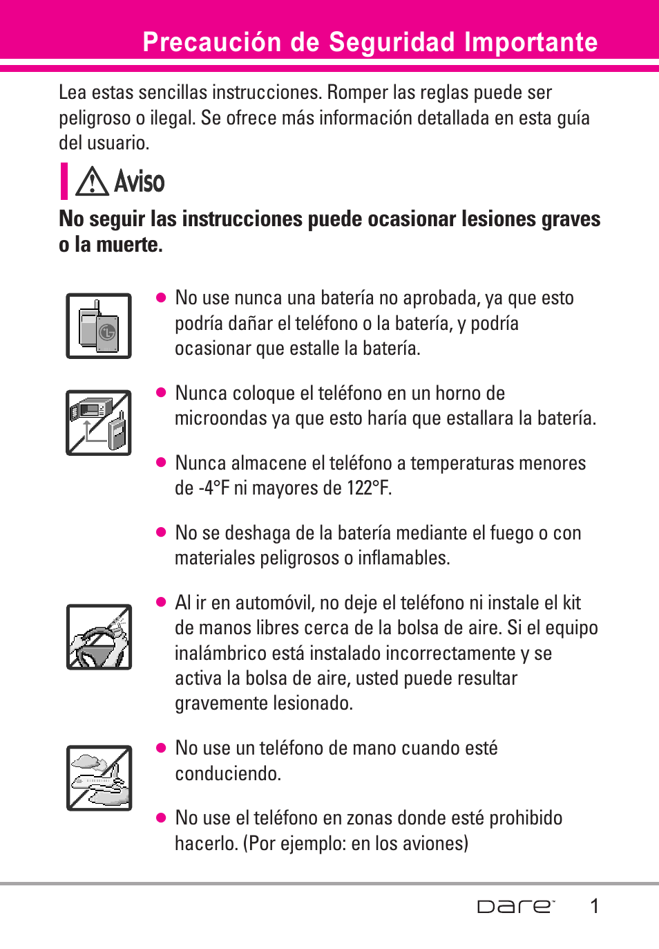Precauci? de seguridad impo, Precaución de seguridad importante | LG Dare User Manual | Page 132 / 273