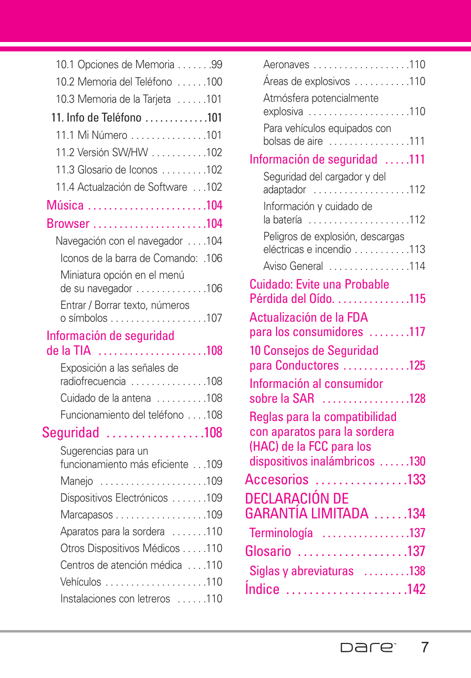 Seguridad, Accesorios declaración de garantía limitada, Glosario | Índice 7 | LG Dare User Manual | Page 138 / 273