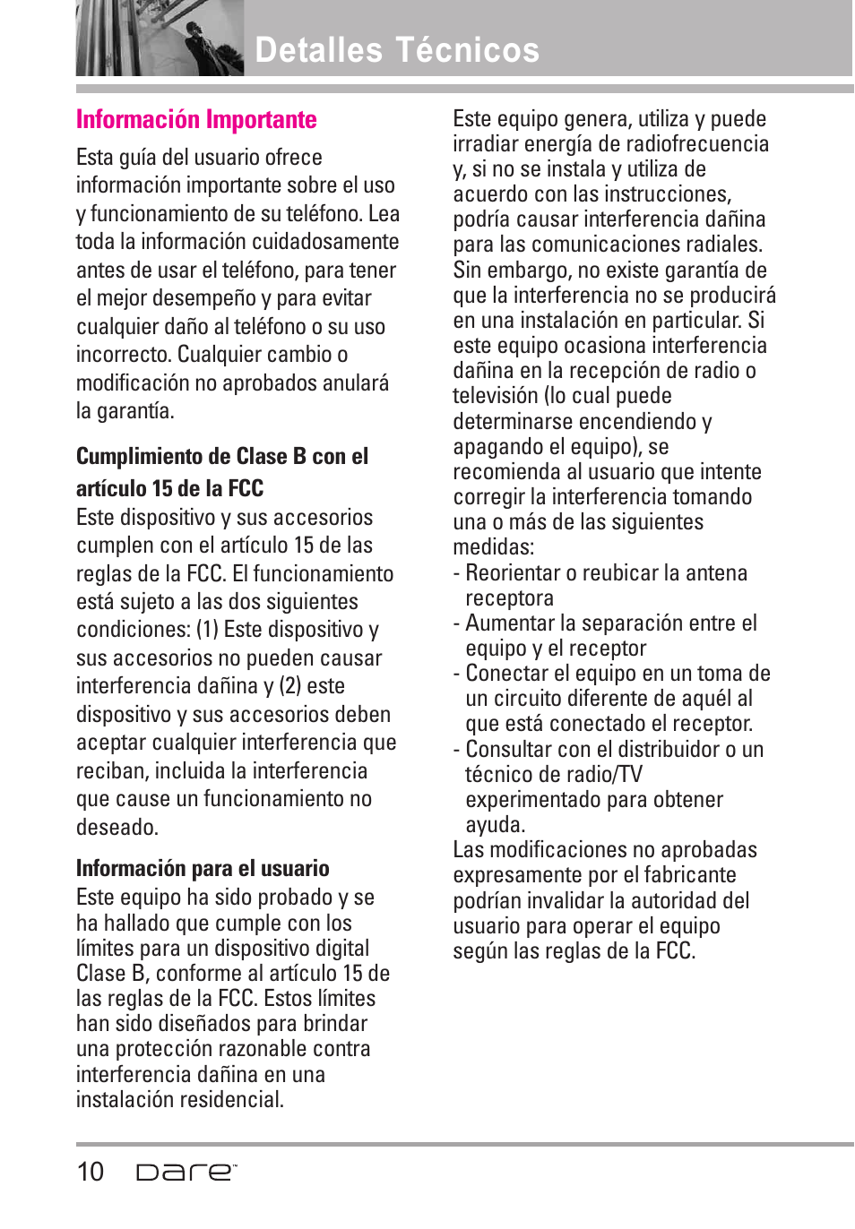 Informaci? importante, Informaci? para el usuario, Información importante | Información para el usuario, Detalles técnicos | LG Dare User Manual | Page 141 / 273