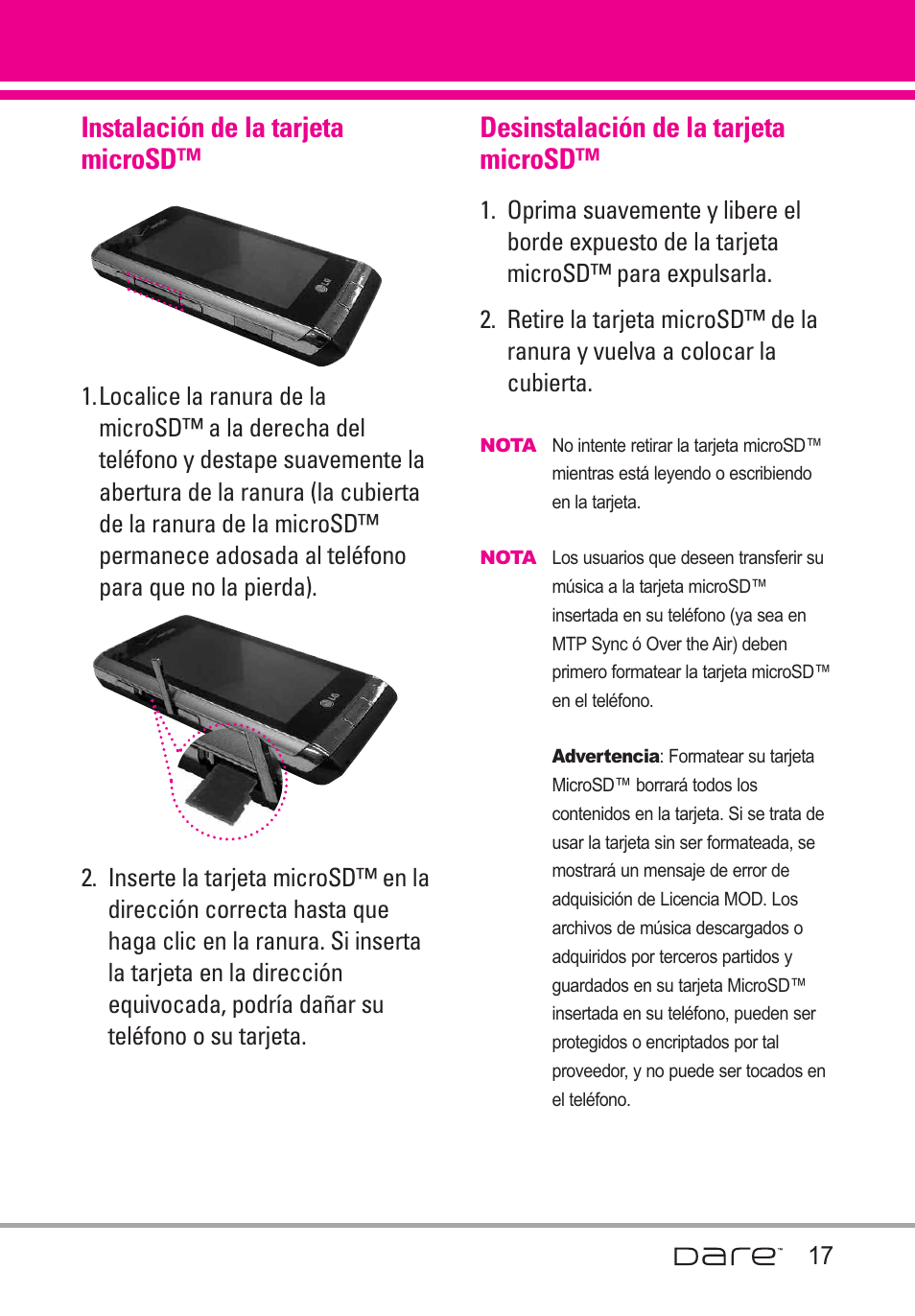 Instalaci? de la tarjeta mi, Desinstalaci? de la tarjeta, Instalación de la tarjeta microsd™ .17 | Desinstalación de la tarjeta microsd, Instalación de la tarjeta microsd | LG Dare User Manual | Page 148 / 273