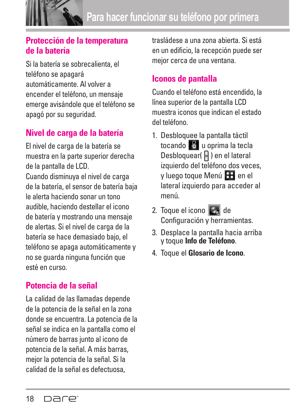 Para hacer funcionar su tel, Protecci? de la temperatura, Nivel de carga de la bater | Potencia de la se?l, Iconos de pantalla, Para hacer funcionar su teléfono por primera, Protección de la temperatura de la batería, Nivel de carga de la batería, Potencia de la señal | LG Dare User Manual | Page 149 / 273