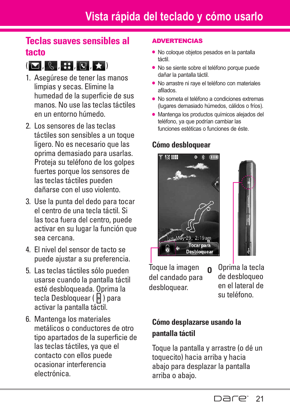 Vista r?ida del teclado y c, Teclas suaves sensibles al t, Vista rápida del teclado y cómo usarlo | Teclas suaves sensibles al tacto | LG Dare User Manual | Page 152 / 273