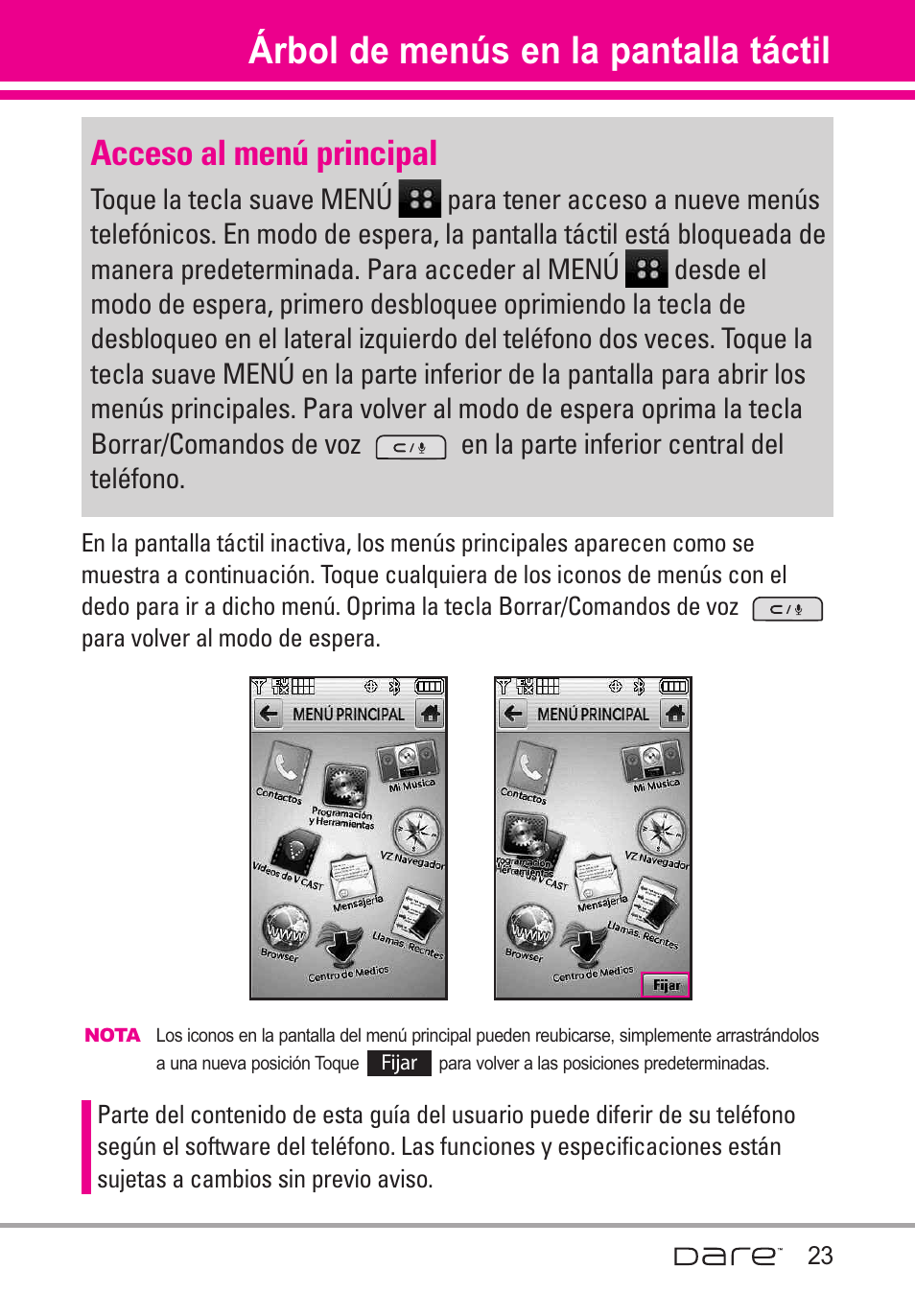 Bol de men? en la pantall, Acceso al men?principal, Árbol de menús en la pantalla | Táctil, Acceso al menú principal, Árbol de menús en la pantalla táctil | LG Dare User Manual | Page 154 / 273