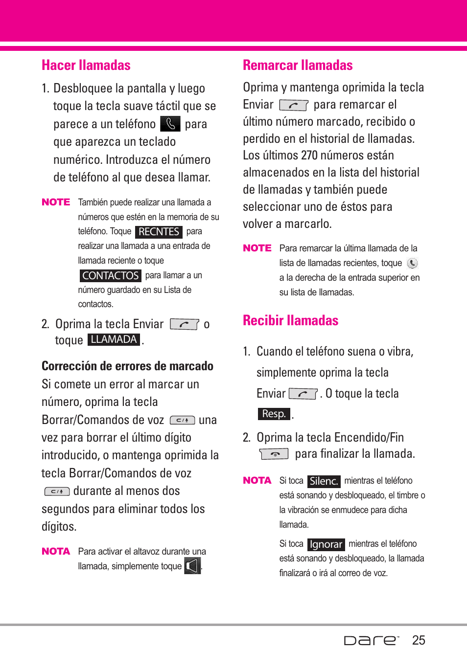 Hacer llamadas, Remarcar llamadas, Recibir llamadas | LG Dare User Manual | Page 156 / 273