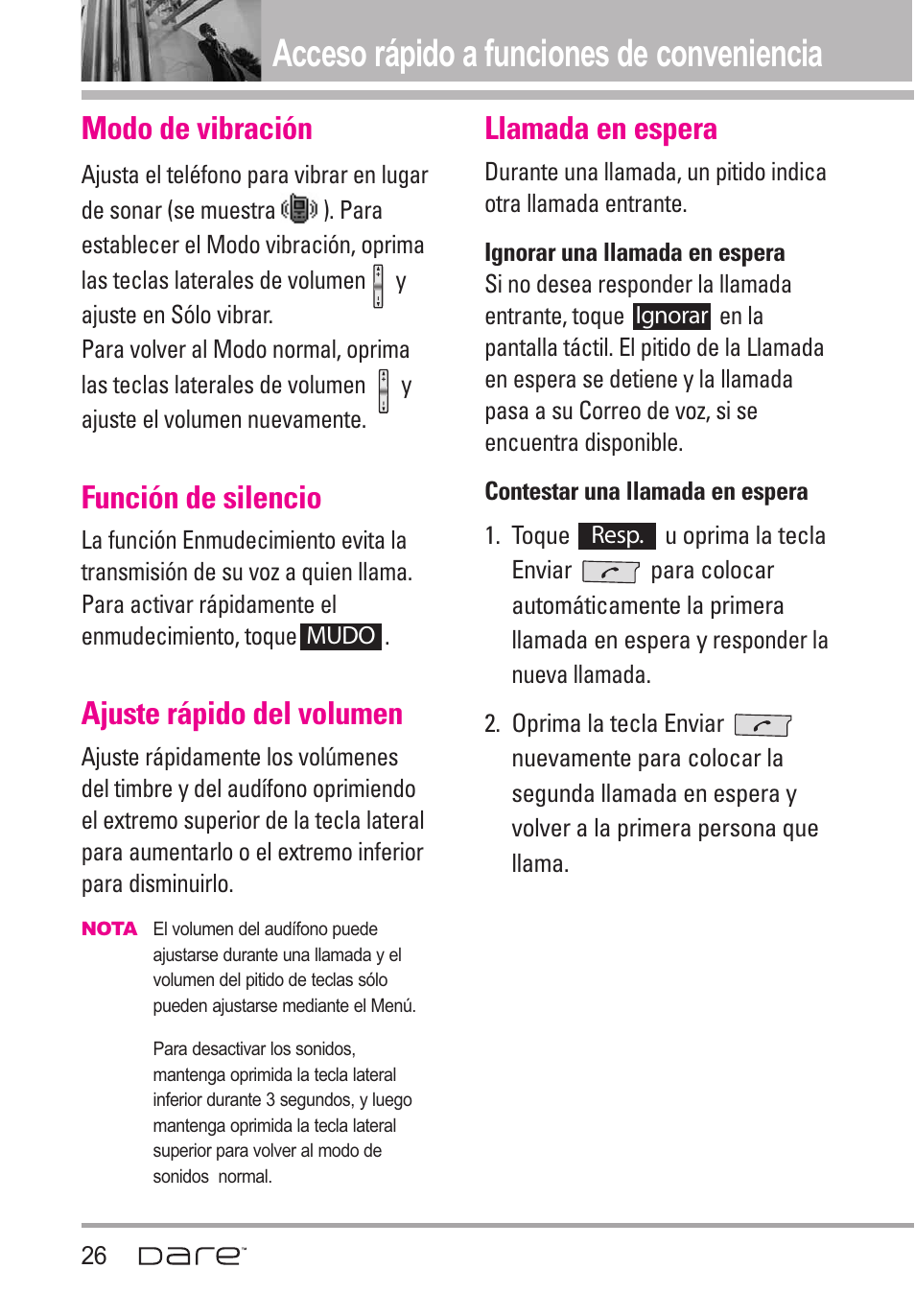 Acceso r?ido a funciones de, Modo de vibraci, Funci? de silencio | Ajuste r?ido del volumen, Llamada en espera, Acceso rápido a funciones de conveniencia, Modo de vibración, Función de silencio, Ajuste rápido del volumen | LG Dare User Manual | Page 157 / 273