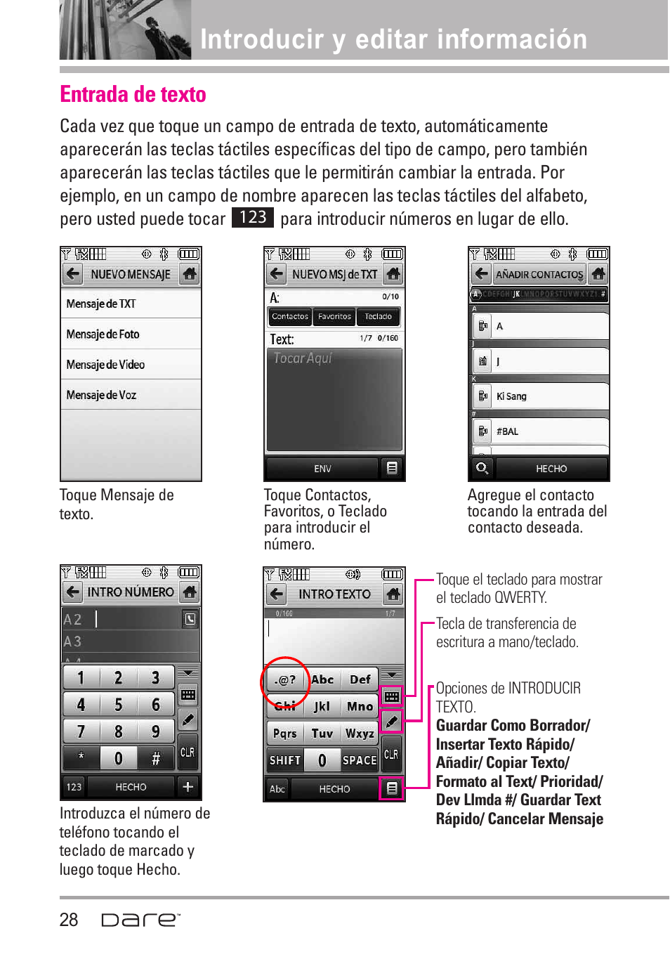Introducir y editar informaci, Entrada de texto, Introducir y editar información28 | Introducir y editar información | LG Dare User Manual | Page 159 / 273