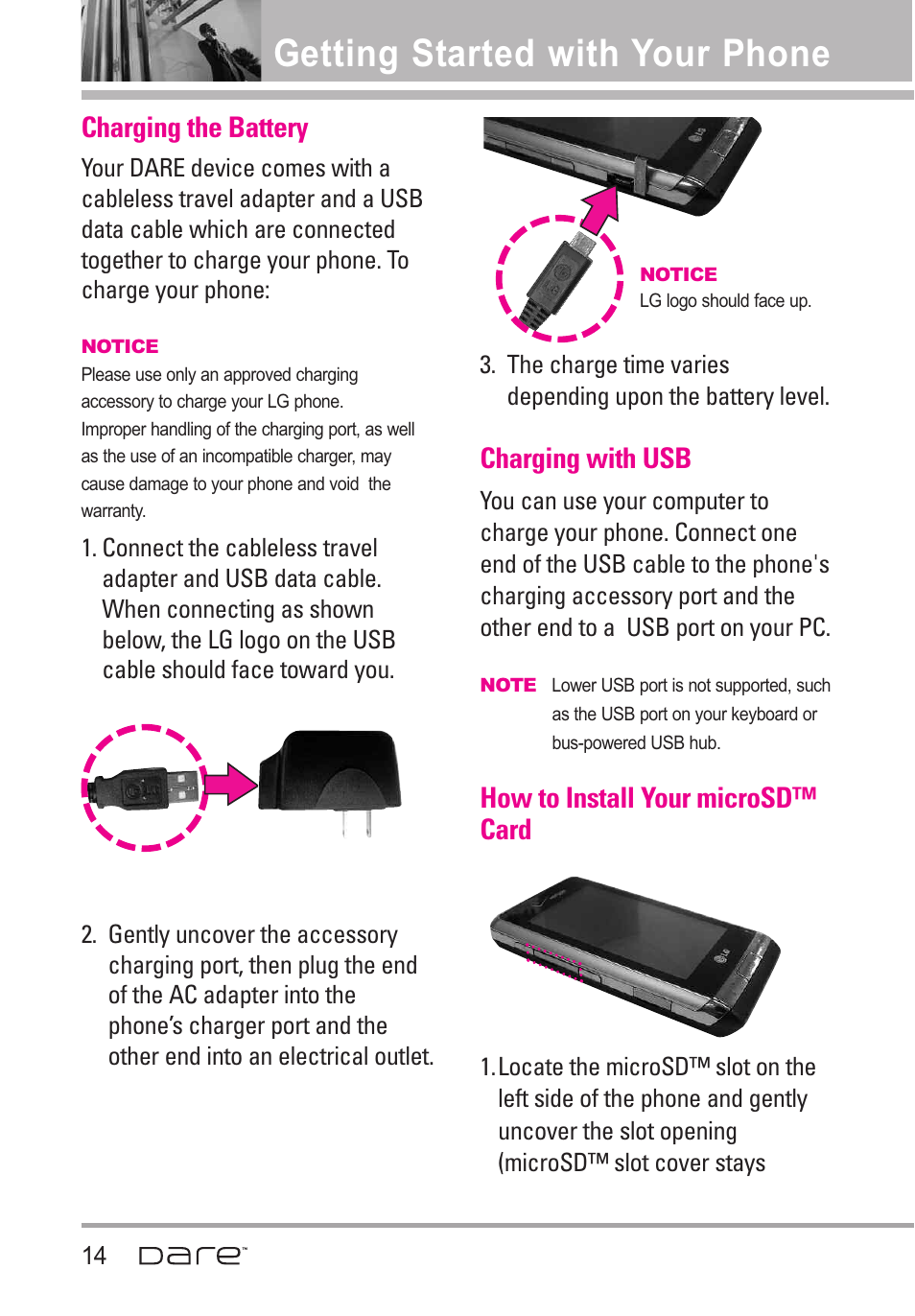 Charging the battery, Charging with usb, Getting started with your phone | How to install your microsd™ card | LG Dare User Manual | Page 16 / 273