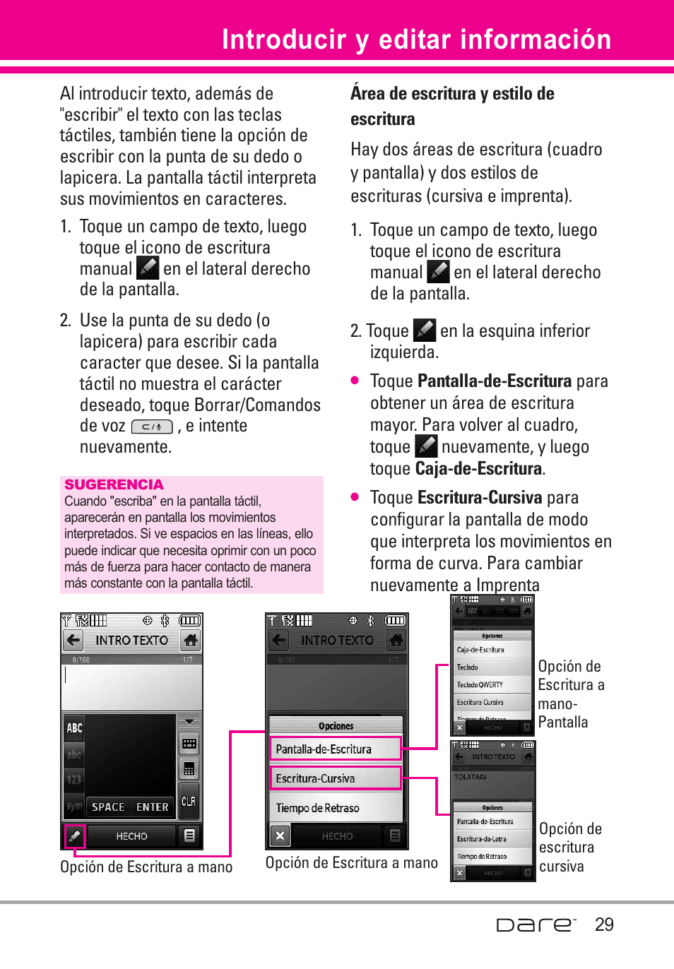 Introducir y editar información | LG Dare User Manual | Page 160 / 273