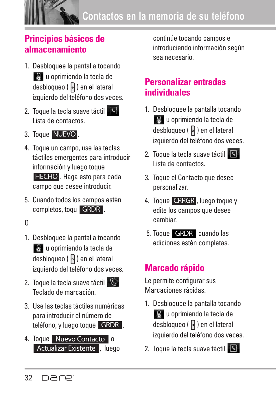 Principios b?icos de almace, Personalizar entradas indiv, Marcado r?ido | Principios básicos de almacenamiento, Personalizar entradas individuales, Marcado rápido | LG Dare User Manual | Page 163 / 273