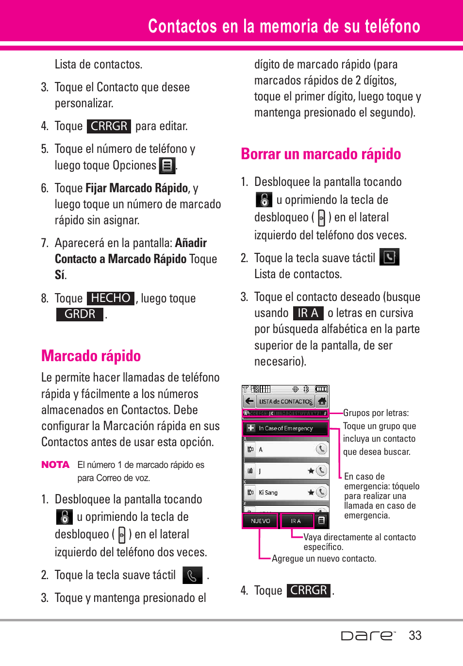 Marcado r?ido, Borrar un marcado r?ido, Marcado rápido | Borrar un marcado rápido | LG Dare User Manual | Page 164 / 273