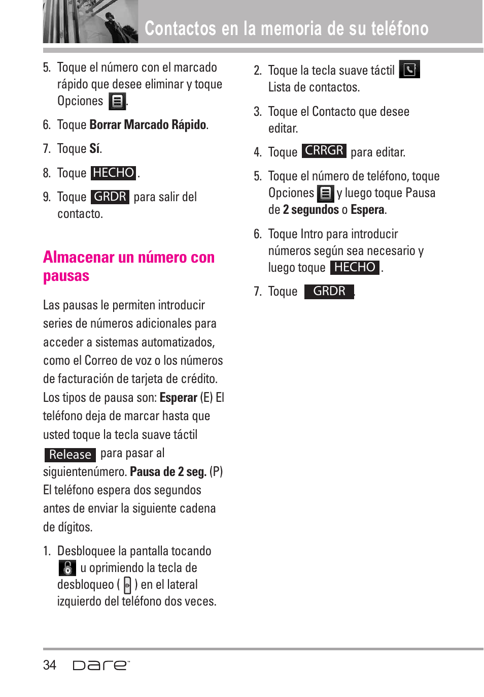 Almacenar un n?ero con pausas, Almacenar un número con pausas | LG Dare User Manual | Page 165 / 273
