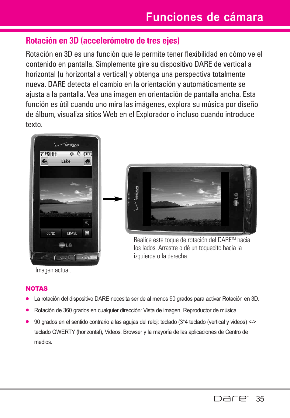 Funciones de cámara, Rotación en 3d (accelerómetro de tres ejes) | LG Dare User Manual | Page 166 / 273