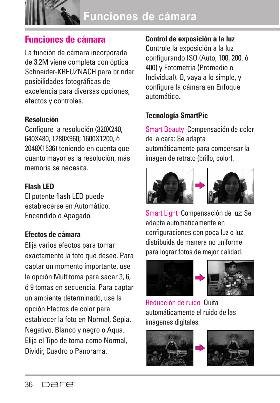 Funciones de c?ara, Funciones de cámara | LG Dare User Manual | Page 167 / 273