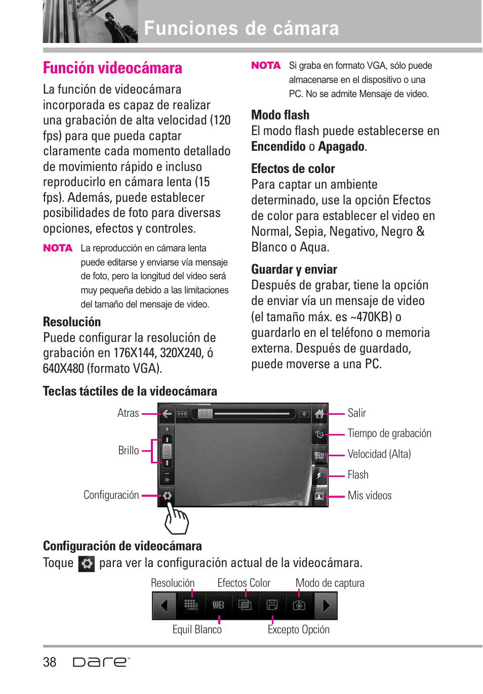 Funci? videoc?ara, Función videocámara, Funciones de cámara | LG Dare User Manual | Page 169 / 273