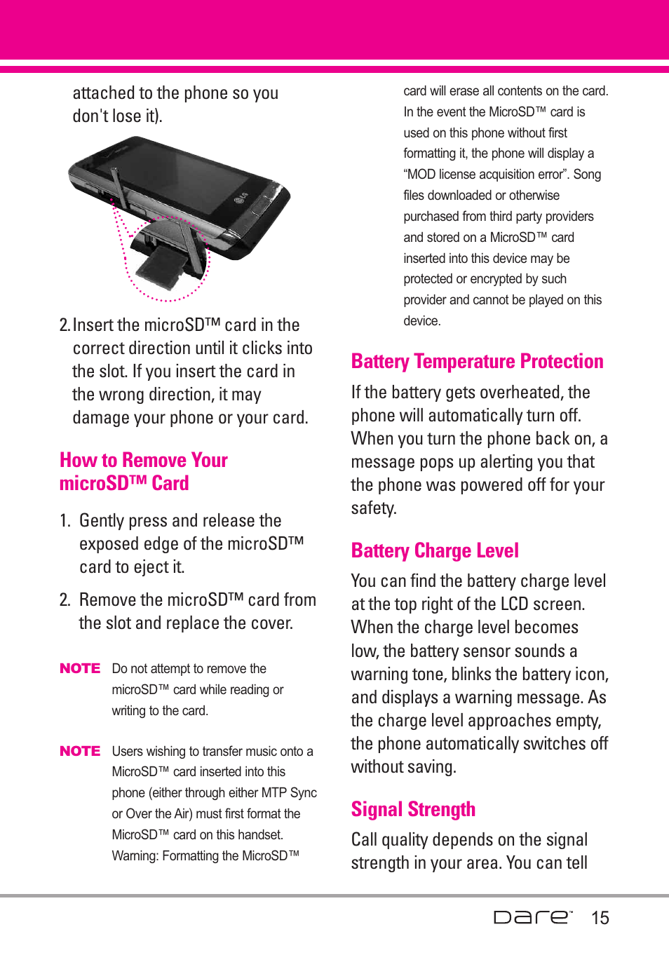 How to remove your microsd, Battery temperature protection, Battery charge level | Signal strength, How to remove your microsd™ card | LG Dare User Manual | Page 17 / 273