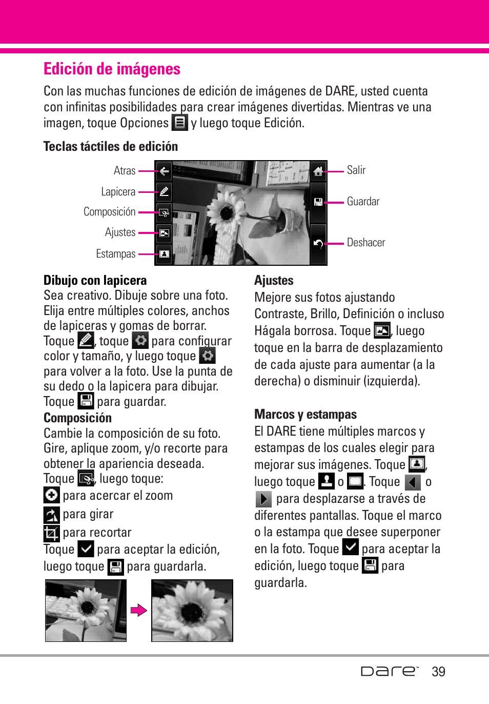 Edici? de im?enes, Edición de imágenes | LG Dare User Manual | Page 170 / 273