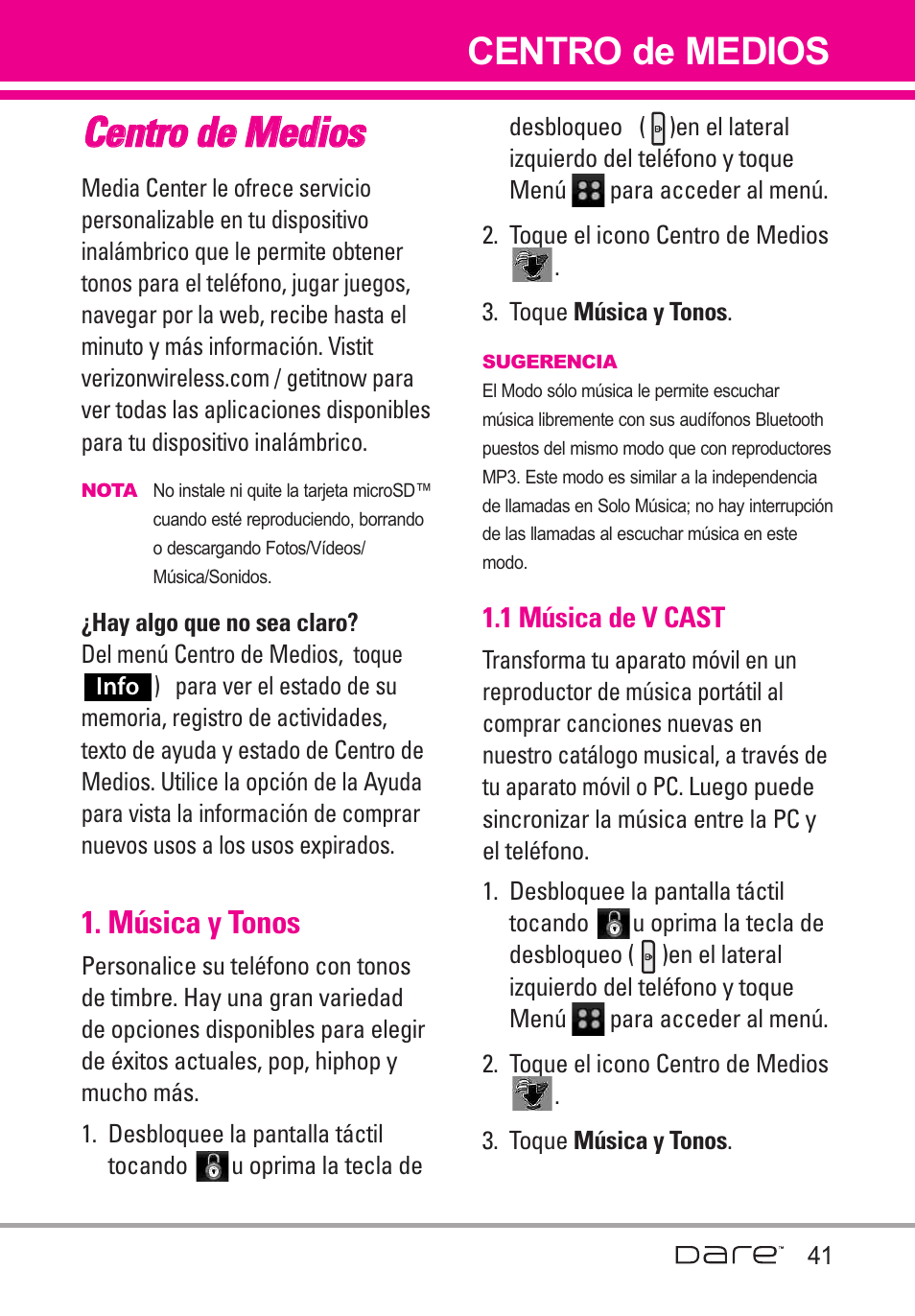 Centro de medios, M?ica y tonos, 1 m?ica de v cast | Música y tonos, 1 música de v cast, Cce en nttrro o d de e m me ed diio oss | LG Dare User Manual | Page 172 / 273
