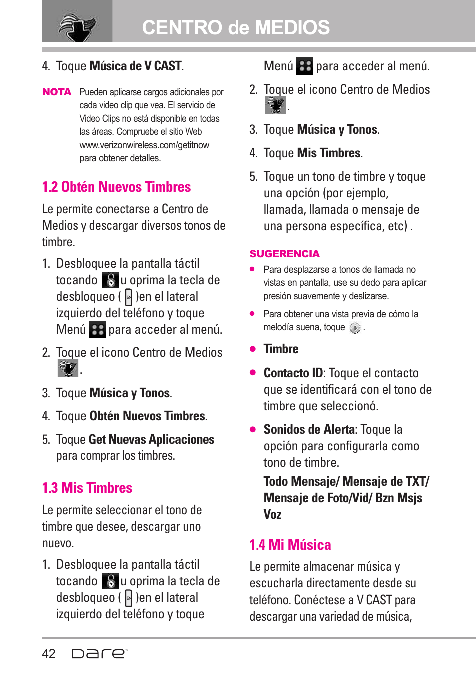2 obt? nuevos timbres, 3 mis timbres, 4 mi m?ica | 2 obtén nuevos timbres, 4 mi música, Centro de medios | LG Dare User Manual | Page 173 / 273