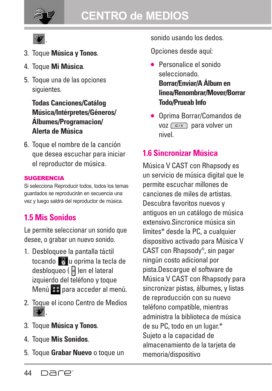 5 mis sonidos, 6 sincronizar m?ica, 6 sincronizar música | Centro de medios | LG Dare User Manual | Page 175 / 273