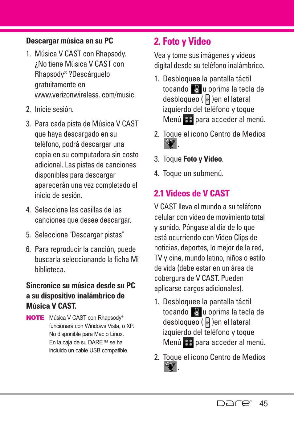 Foto y video, 1 videos de v cast | LG Dare User Manual | Page 176 / 273