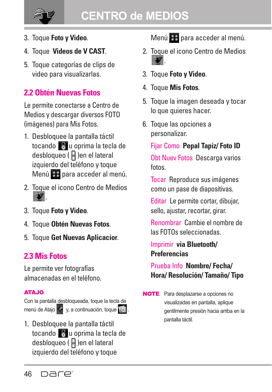 2 obt? nuevas fotos, 3 mis fotos, 2 obtén nuevas fotos | Centro de medios | LG Dare User Manual | Page 177 / 273