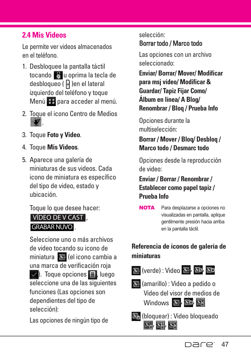4 mis videos | LG Dare User Manual | Page 178 / 273