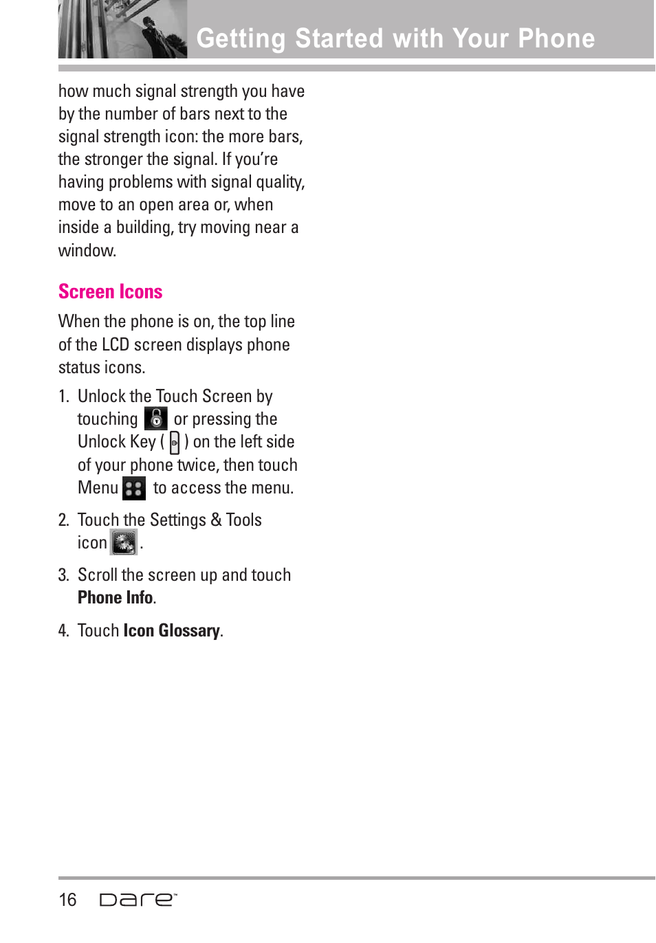 Screen icons, Getting started with your phone | LG Dare User Manual | Page 18 / 273