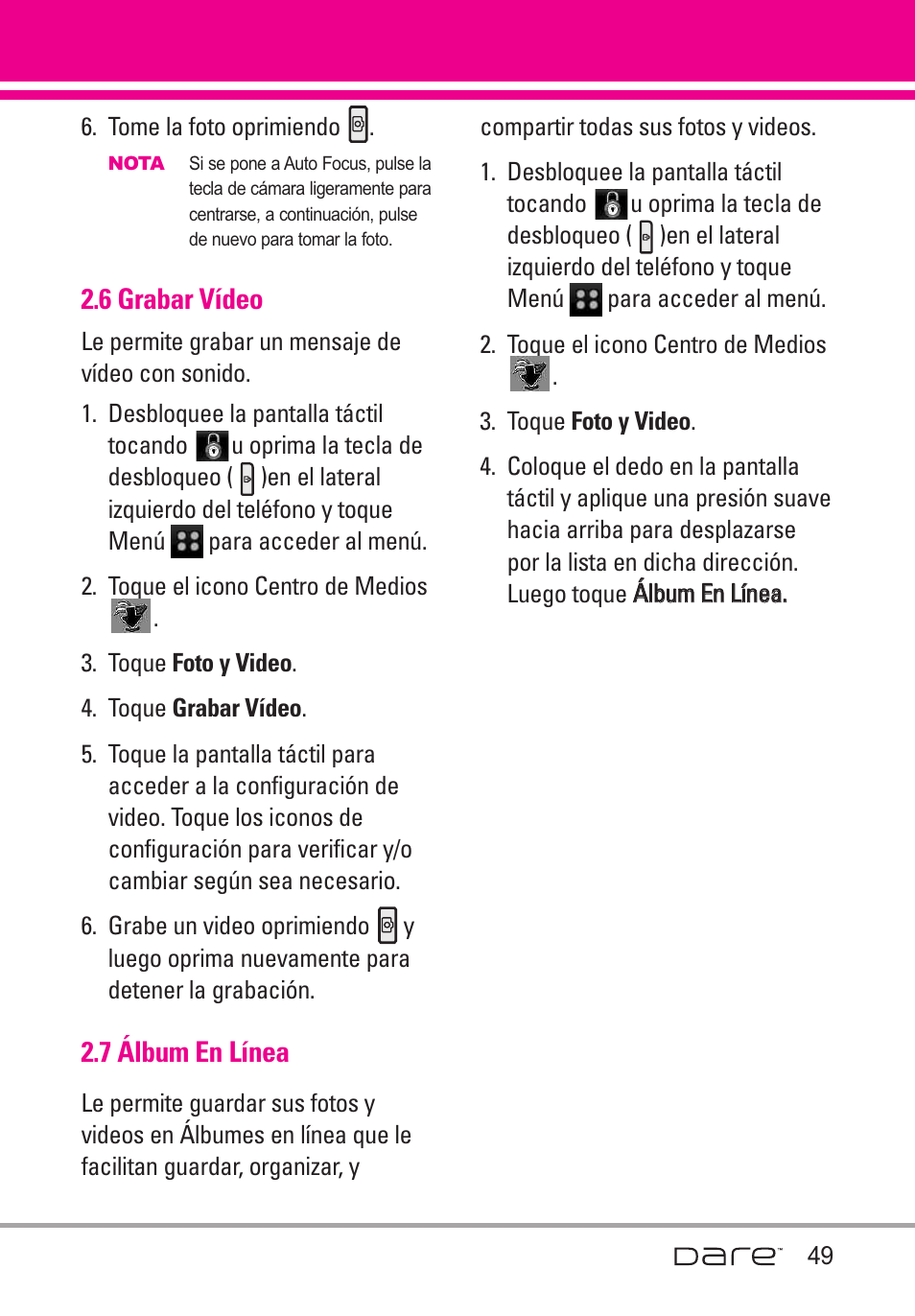 6 grabar v?eo, 7 ?bum en l?ea, 6 grabar vídeo | 7 álbum en línea | LG Dare User Manual | Page 180 / 273