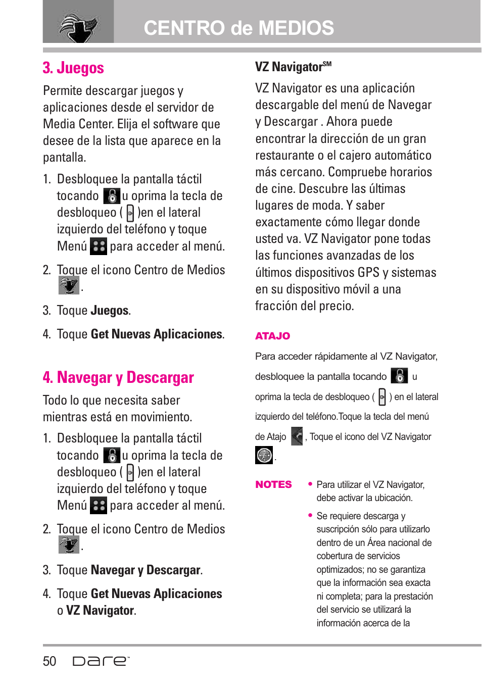 Juegos, Navegar y descargar, Centro de medios | LG Dare User Manual | Page 181 / 273
