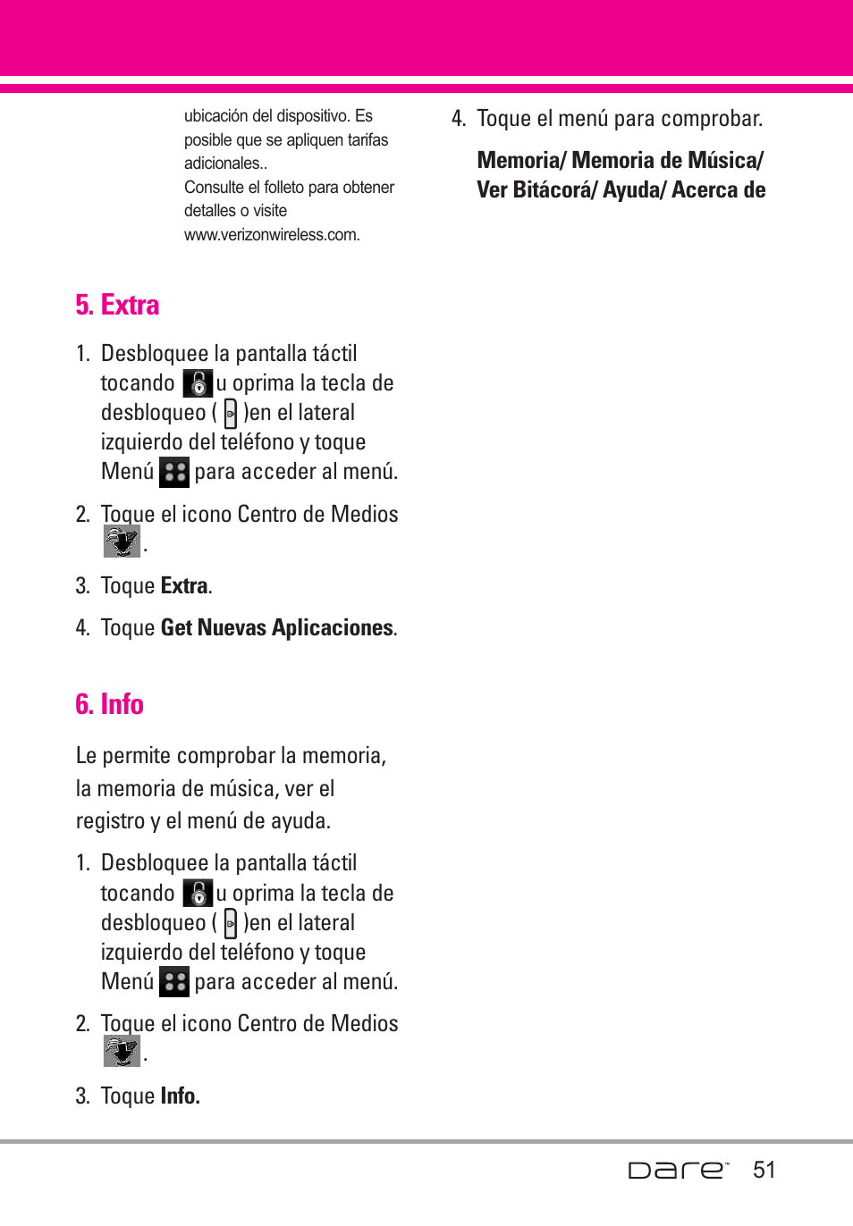 Extra, Info | LG Dare User Manual | Page 182 / 273
