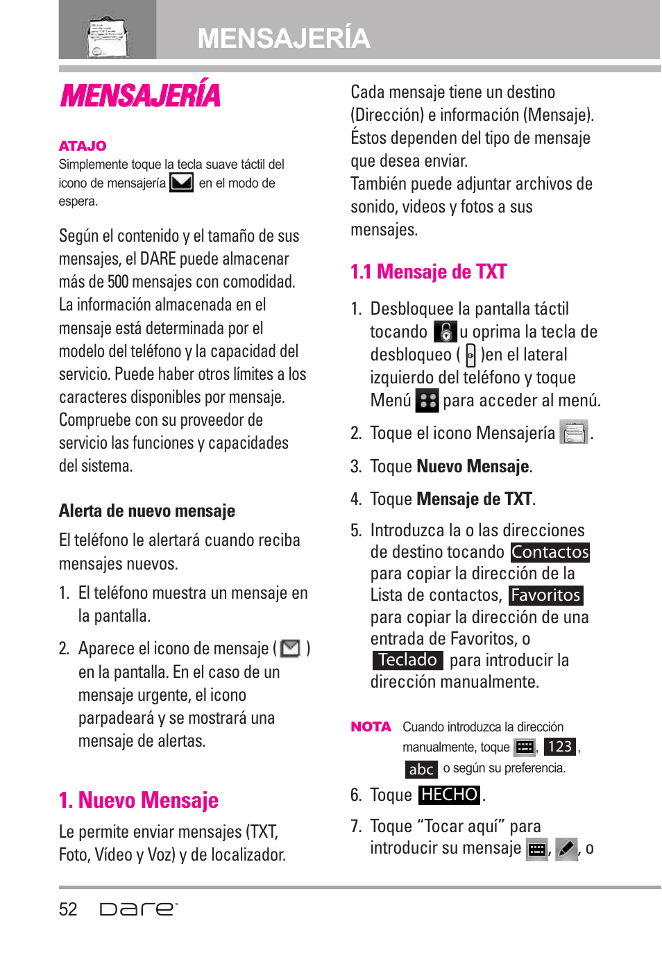 Mensajer, Nuevo mensaje, 1 mensaje de txt | Mensajería, Mme en ns sa aj je er ríía a | LG Dare User Manual | Page 183 / 273