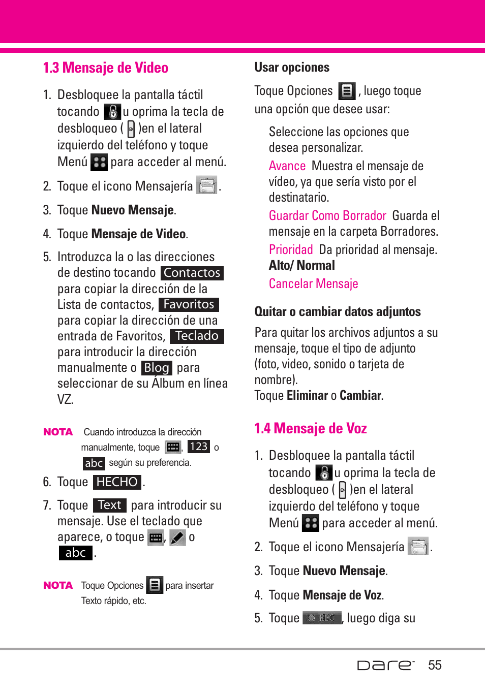 3 mensaje de video, 4 mensaje de voz | LG Dare User Manual | Page 186 / 273