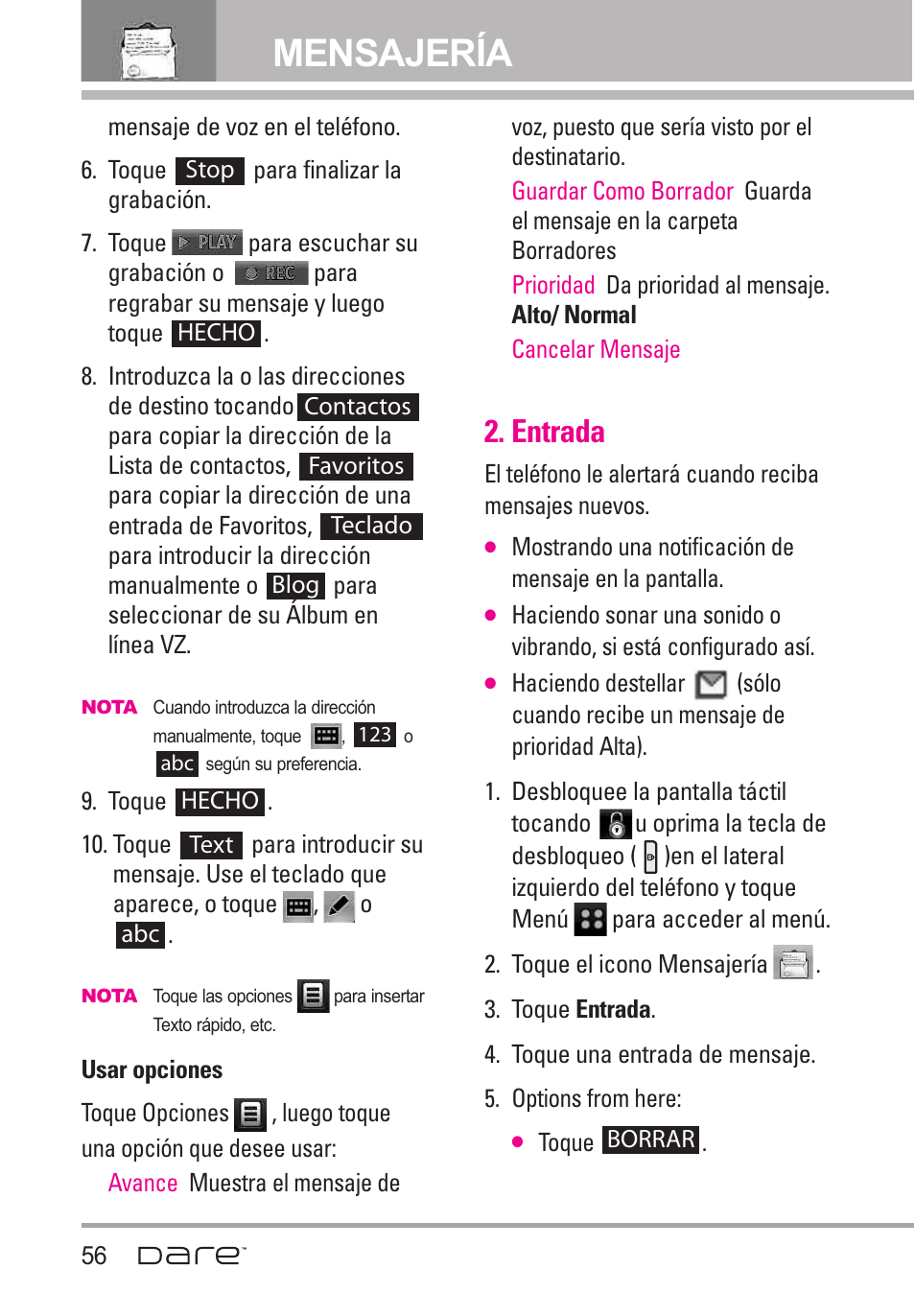 Entrada, Mensajería | LG Dare User Manual | Page 187 / 273