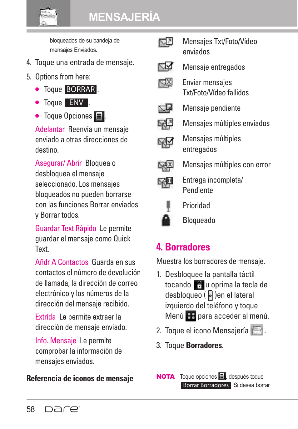 Borradores, Mensajería | LG Dare User Manual | Page 189 / 273