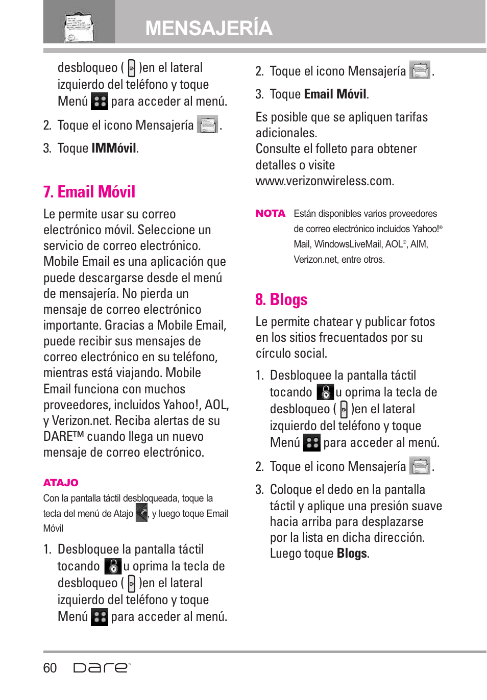 Email m?il, Blogs, Email móvil | Mensajería | LG Dare User Manual | Page 191 / 273