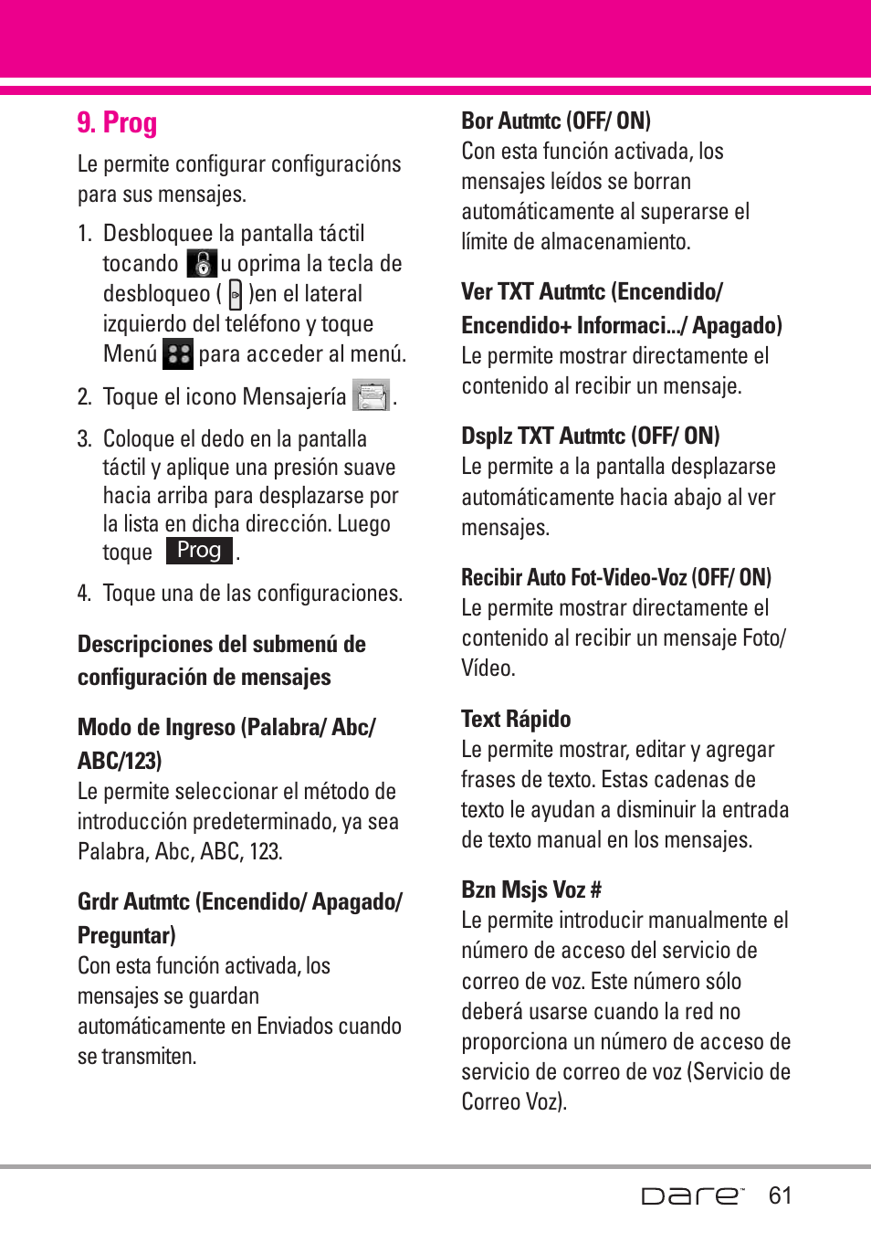 Prog | LG Dare User Manual | Page 192 / 273