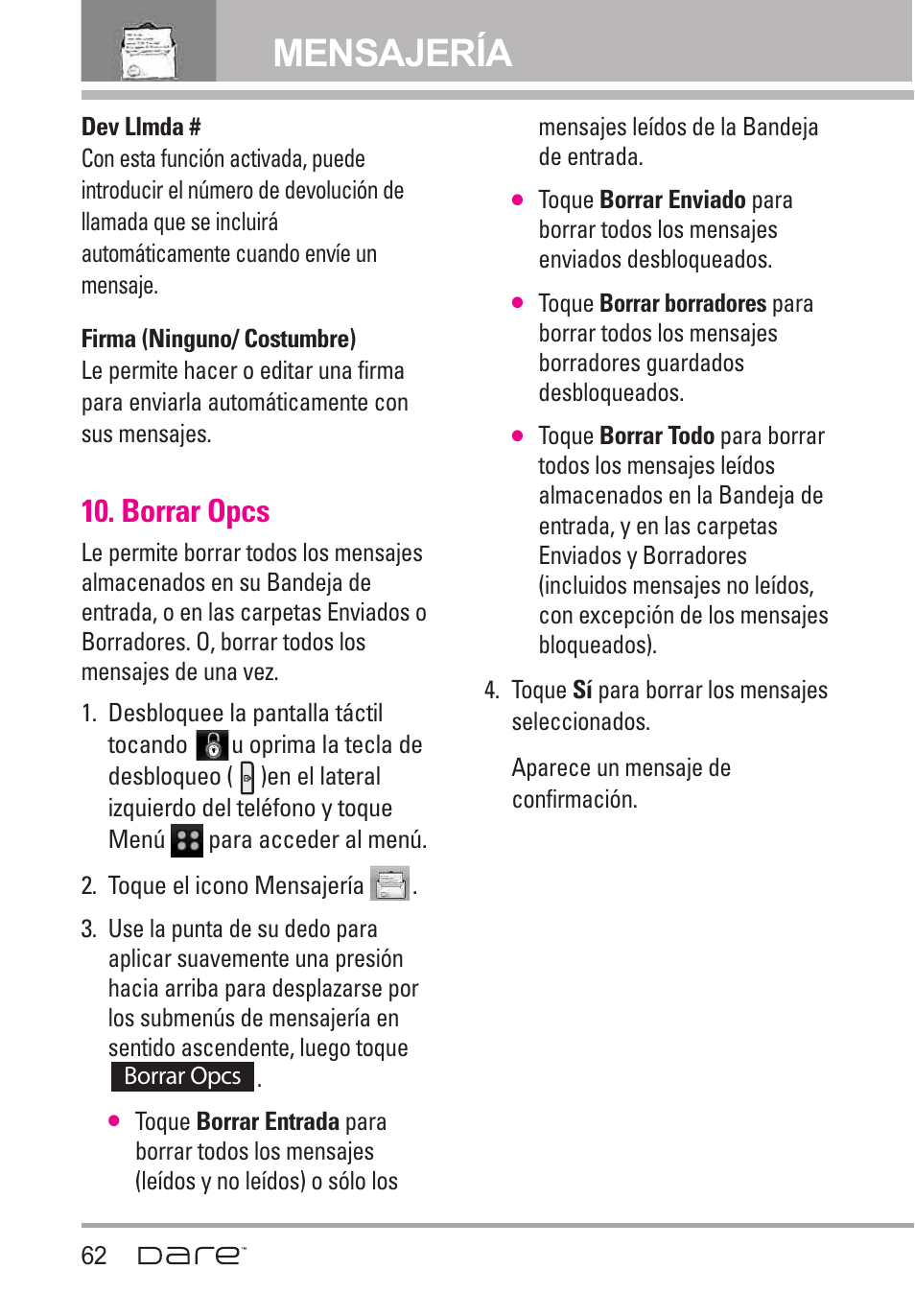 Borrar opcs, Mensajería | LG Dare User Manual | Page 193 / 273